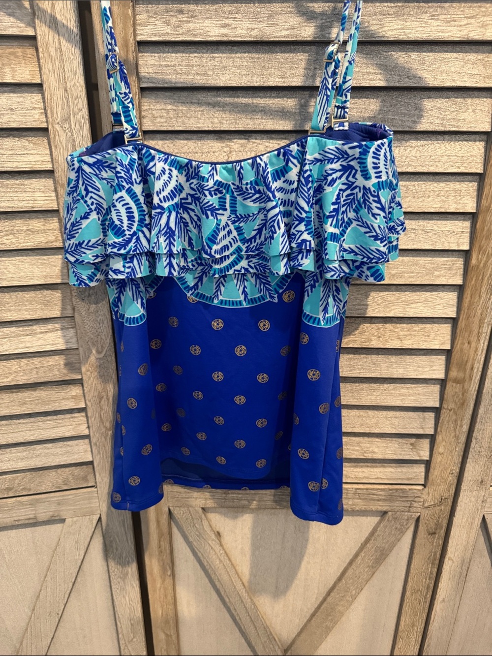 Blue Tropical Print Ruffle Tankini Top - Picture 5 of 7